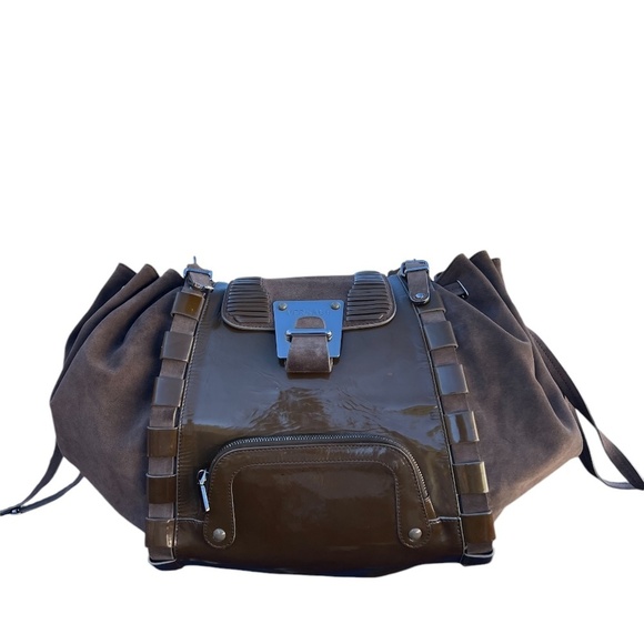 Gianni Versace Suede Brown Patent Leather Bag Shoulder Hobo Shopper Drawstring - Picture 3 of 15